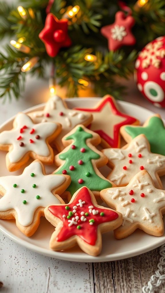 A plate of decorated Christmas sugar cookies in festive shapes, surrounded by holiday decorations.
